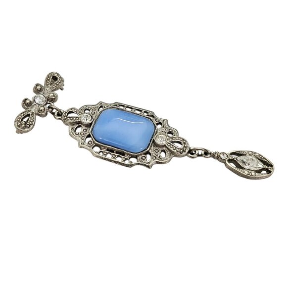 1928 Brand Silver Tone Blue Glass Art Deco Style Clear Rhinestone Dangle Brooch - Picture 4 of 8